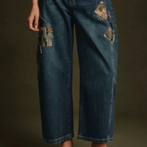 Pilcro Medium Denim Barrel Jeans with Camo patches - Picture 1 of 8